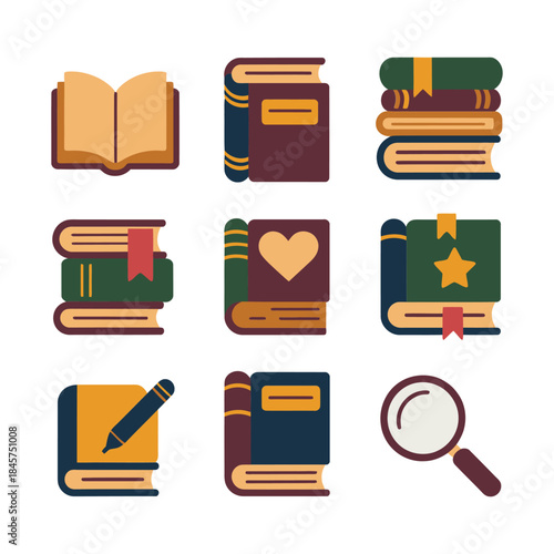 Library book and reading icon set with stacked books bookmarks magnifier symbols education study flat vector illustration design