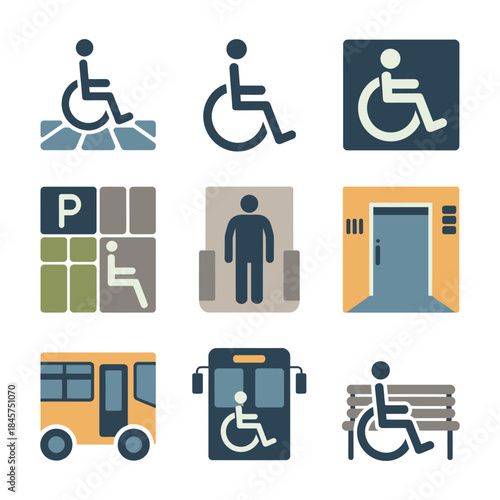Disability access and mobility icon set with wheelchair parking restroom transport symbols inclusive service flat vector illustration design