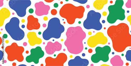 Vibrant seamless pattern featuring colorful abstract blobs and dots on a clean white background for design