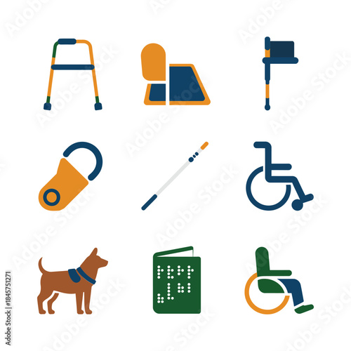 Disability support and daily living icon collection with cane wheelchair hearing aid guide dog symbols, accessibility flat vector illustration