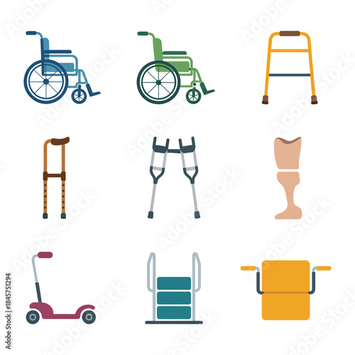 Mobility aid equipment icon collection with wheelchair walker crutches prosthetic tools, rehabilitation support flat vector illustration design