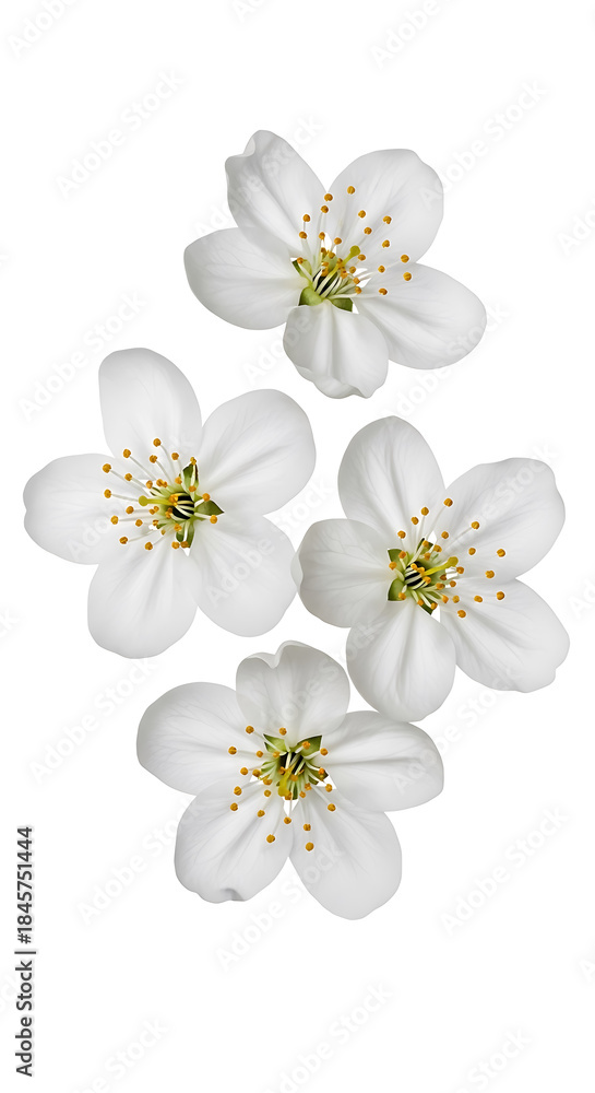 Obraz premium Five White Flowers with Yellow Centers and Green Stems Isolated on White Background floral nature