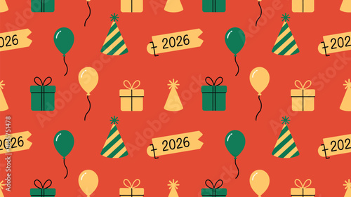 Vibrant 2026 celebration pattern with gifts and balloons