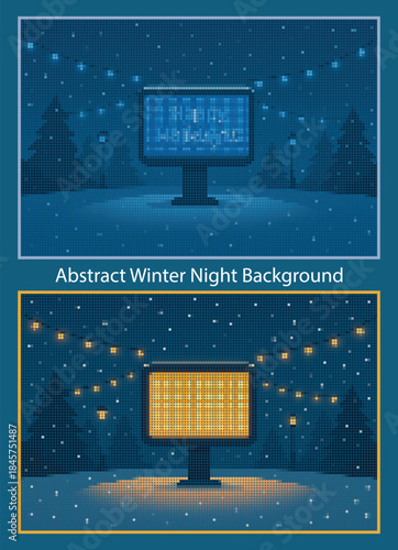 digital art Glowing Halftone LED Board in Snowy Plaza with Festive Lights Poster
