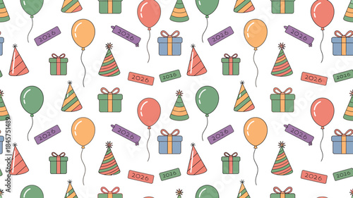 Colorful celebration pattern with party hats and gifts for New Year's