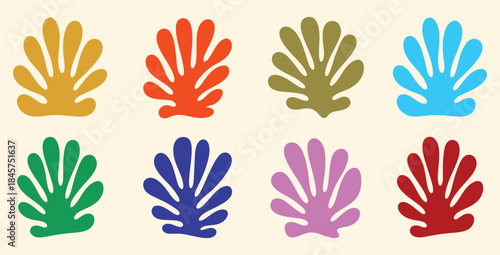 Eight colorful abstract Matisse style cut out shapes resembling sea fans or stylized foliage arranged neatly