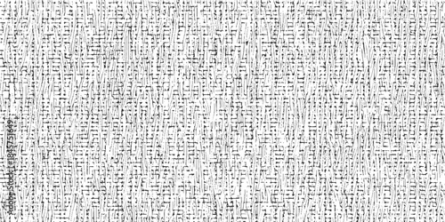 Black and white abstract textured pattern with vertical lines and geometric shapes creating a dense organic weave effect