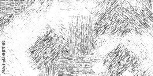 Abstract geometric pattern of black and white textured lines and shapes forming a distressed background