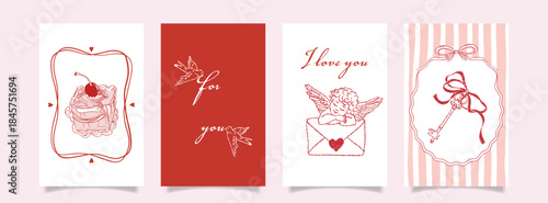 Romantic Valentine card set with hand-drawn sketch illustrations, Cupid angels, bows, keys, cake, love letters and typography. Vintage red line art design for greeting cards, wedding and love themes