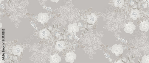 Rose flowers and leaves in vintage style, seamless pattern in shades of white.