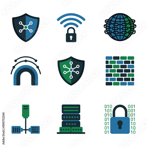 Digital infrastructure protection icon collection with shield network database lock server symbols, information security flat vector illustration