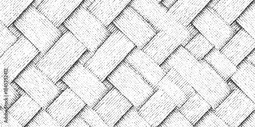 Black and white textured woven pattern with diagonal interlocking strips and rough surface detail vector