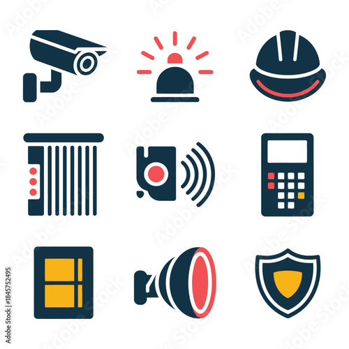 Physical security and emergency alert icon collection with camera siren access gate helmet symbols, protection flat vector illustration