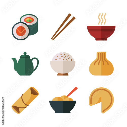 Asian food icon set with sushi noodles rice bowl dumpling teapot chopsticks cuisine flat vector illustration design collection