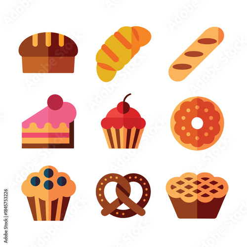 Sweet dessert and bakery icon collection with cake donut muffin pastry cupcake, colorful food flat vector illustration