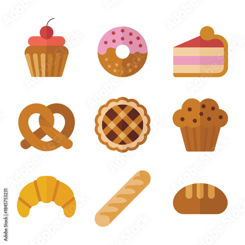 Bakery sweets and pastry icon collection with pretzel muffin donut cake bread, delicious dessert flat vector illustration