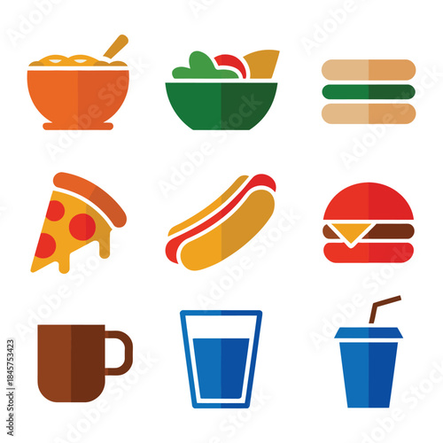 Fast food and meal icon collection with burger pizza hotdog soup coffee juice, casual dining flat vector illustration