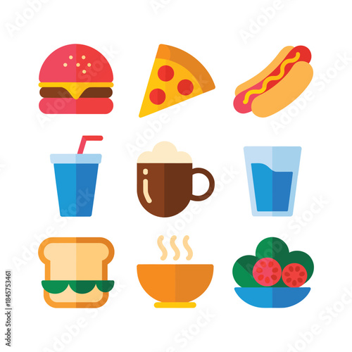 Fast food combo icon collection with burger pizza hotdog sandwich coffee drink, takeaway meal flat vector illustration