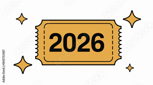 Golden ticket with 2026 surrounded by sparkles