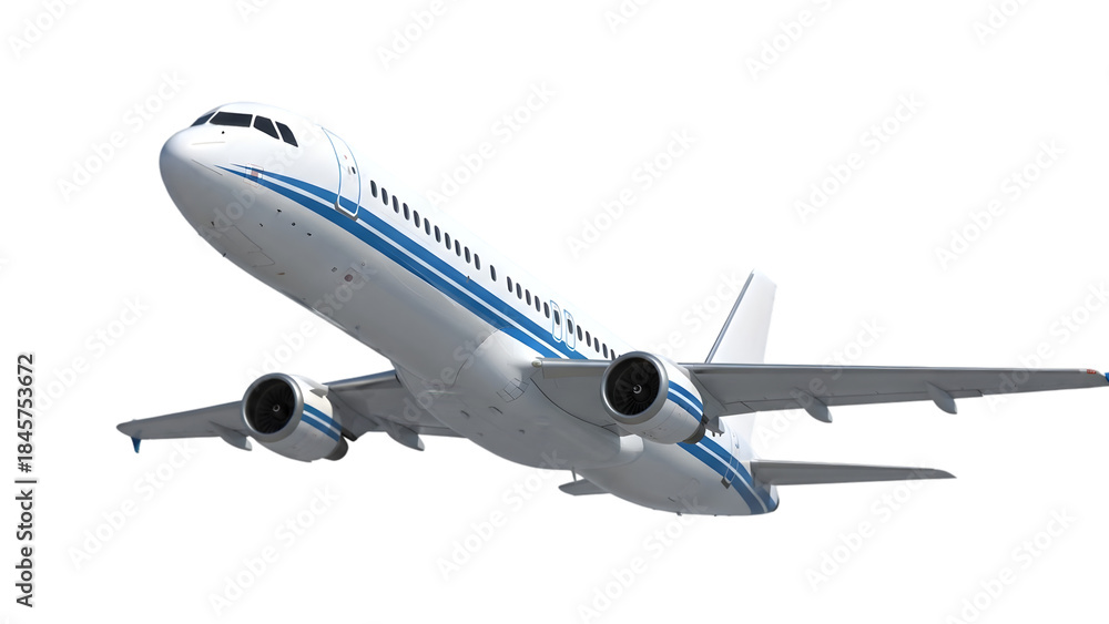 Obraz premium A commercial airliner jet aircraft flies through a clear blue sky and transitions to a white background for versatile travel and aviation transportation design