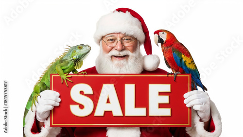 Santa Claus holding red SALE sign, cheerfully presenting holiday discounts with iguana and parrot. Festive Santa sale event for Christmas shopping promotions, offering incredible deals.