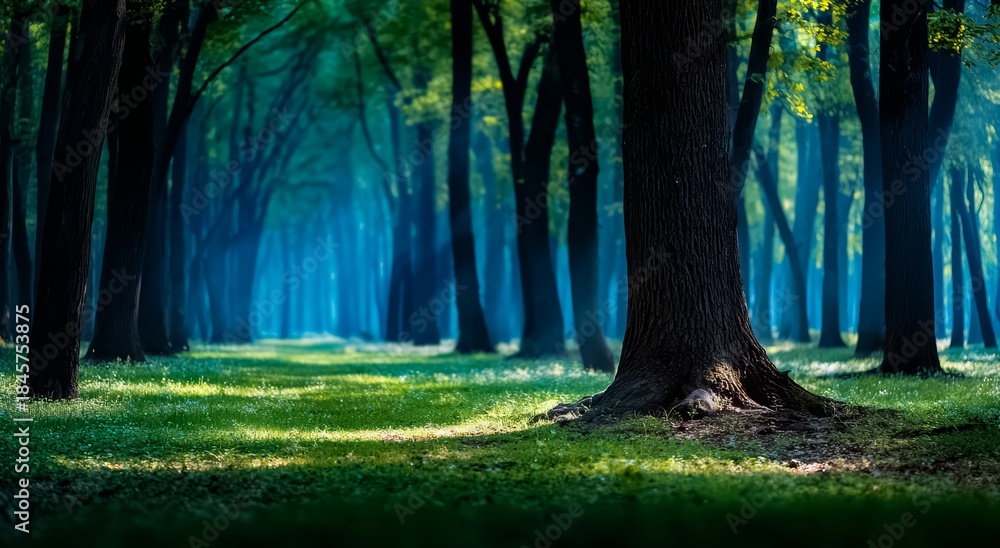 Obraz premium Forest with a large tree in the middle. The trees are tall and the grass is green