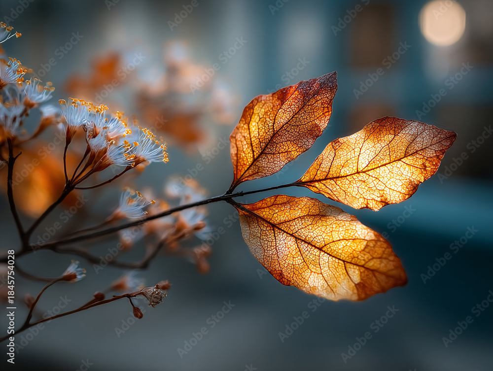 Obraz premium a branch with leaves that are starting to turn brown, with water droplets on them. The background is blurred, with a gradient from dark to light, highlighting the leaves in the foreground.