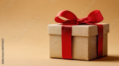 Wallpaper Mural Elegant gold gift box with a vibrant red ribbon and bow on a warm beige background Torontodigital.ca