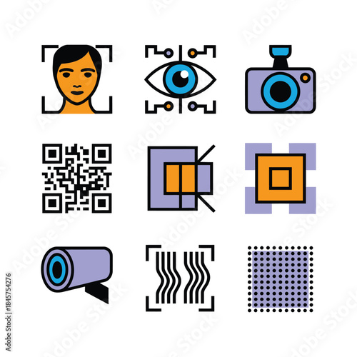 Biometric scanning and digital authentication icon collection with face eye qr code camera symbols, security flat vector illustration