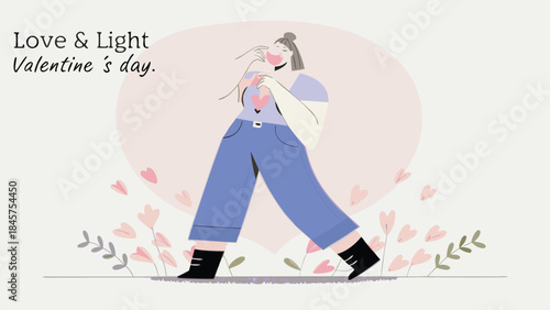 Flat illustration of a young woman tossing a heart up in the air on valentine's day with flowers and leaves around her