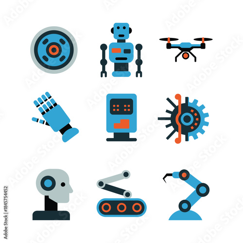 Service robot and automation technology icon collection with robotic hand camera drone machine symbols, smart industry flat vector illustration