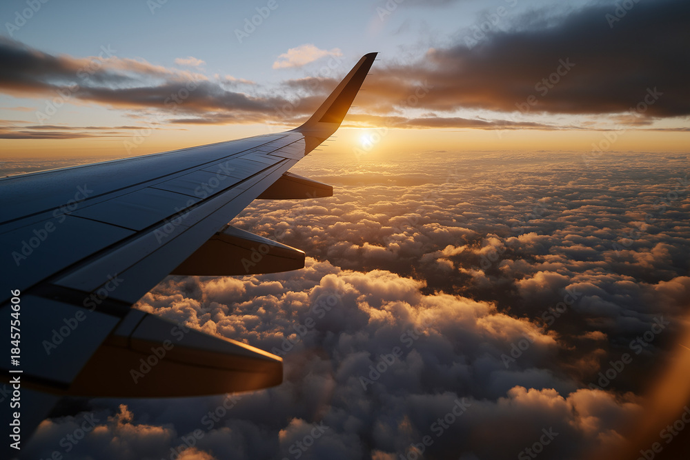 Obraz premium An airplane wing beautifully silhouetted against a vibrant sunset, capturing the serenity of travel above the clouds, conveying freedom and adventure in the sky.