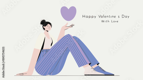 A young woman in a modern flat design presenting a floating heart on valentine's day