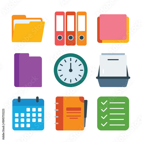 Office organization and file management icon collection with folders calendar clock checklist documents, productivity flat vector illustration design