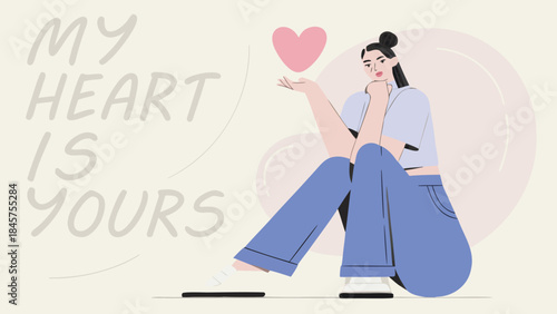 A young woman with black hair in a bun wearing blue jeans and a light blue shirt sitting with a glowing pink heart above her hand