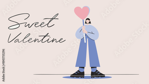 Flat style character holding a heart shaped lollipop on valentine's day with sweet treats