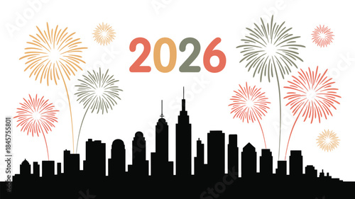 Vibrant city skyline celebrates 2026 with fireworks