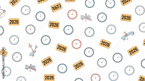 Vibrant clocks and calendars with scooters on white background