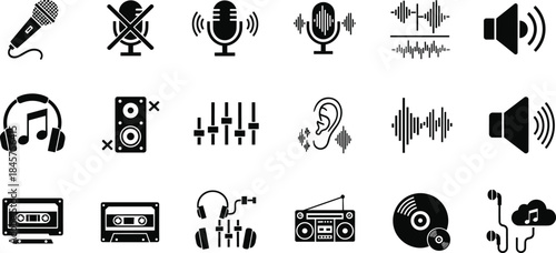 Audio icons set, sound wave, music recording, microphone, headphones, speaker volume, equalizer, media player, black glyph vector collection.