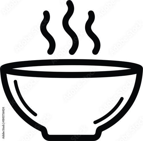 Simple monochrome line art vector icon of a wide, rounded bowl with three wavy lines indicating steam rising, symbolizing hot soup, comfort food, ramen, serving dishes, and warmth in restaurant or rec