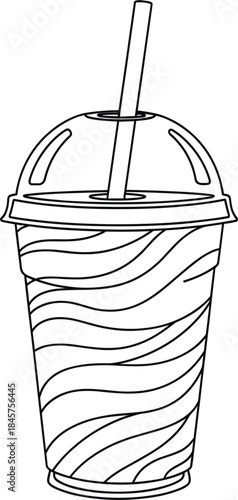 Monochrome line art vector illustration of a large disposable takeout cup with a domed lid and straw, featuring swirled lines, symbolizing a smoothie, milkshake, frozen drink, cold beverage, or sweet 