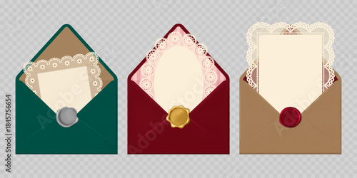Set of Elegant open envelopes with Lace frame inside. Realistic vector illustration. Best for invitation