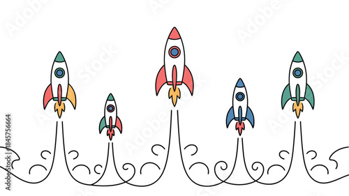 Colorful rockets launching into the sky with vibrant trails