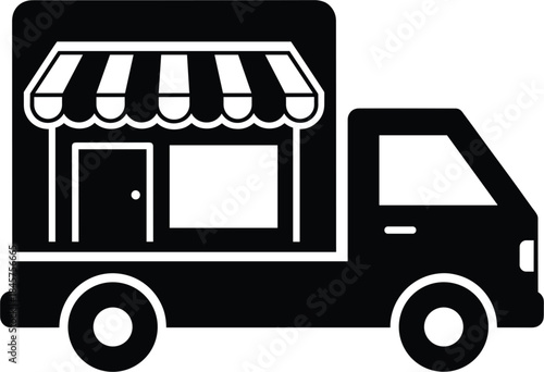 Solid black silhouette vector illustration of a small box truck or delivery van stylized as a mobile storefront with an awning and window, symbolizing a food truck, mobile retail, local business, and 