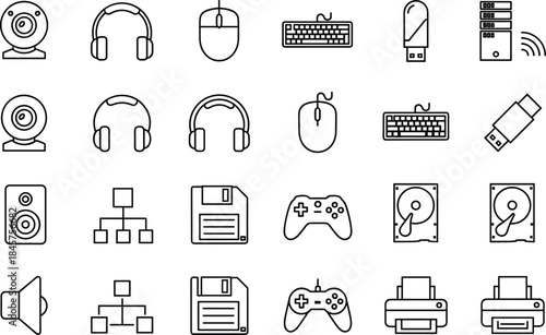 Computer hardware icon set, peripherals devices symbols, keyboard mouse headphones webcam usb, gaming controller printer, outline vector ui elements design