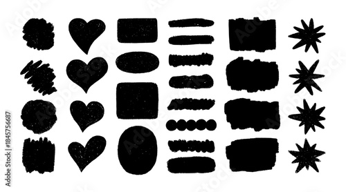 Chalk lines, square frames, pencil underlines, stars, hearts, arrows, lines, crayon stroke by pen, black brush scribbles. Vector rectangle charcoal hand drawn sketch elements. Doodle grunge style