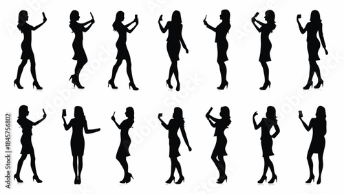 Silhouettes of women in various poses with smartphones