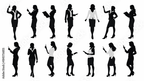 Silhouettes of businesswomen in various professional poses and outfits