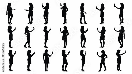 Collection of businesswomen in various poses with smartphones