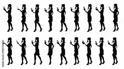 Silhouettes of businesswomen using smartphones in various poses